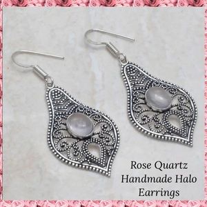 Rose Quartz Handmade Filigree Halo Dangle Earrings